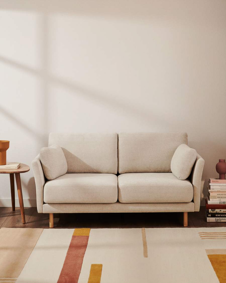 Gilma fire-retardant 2-seater sofa in beige chenille with natural-finish legs 170cm