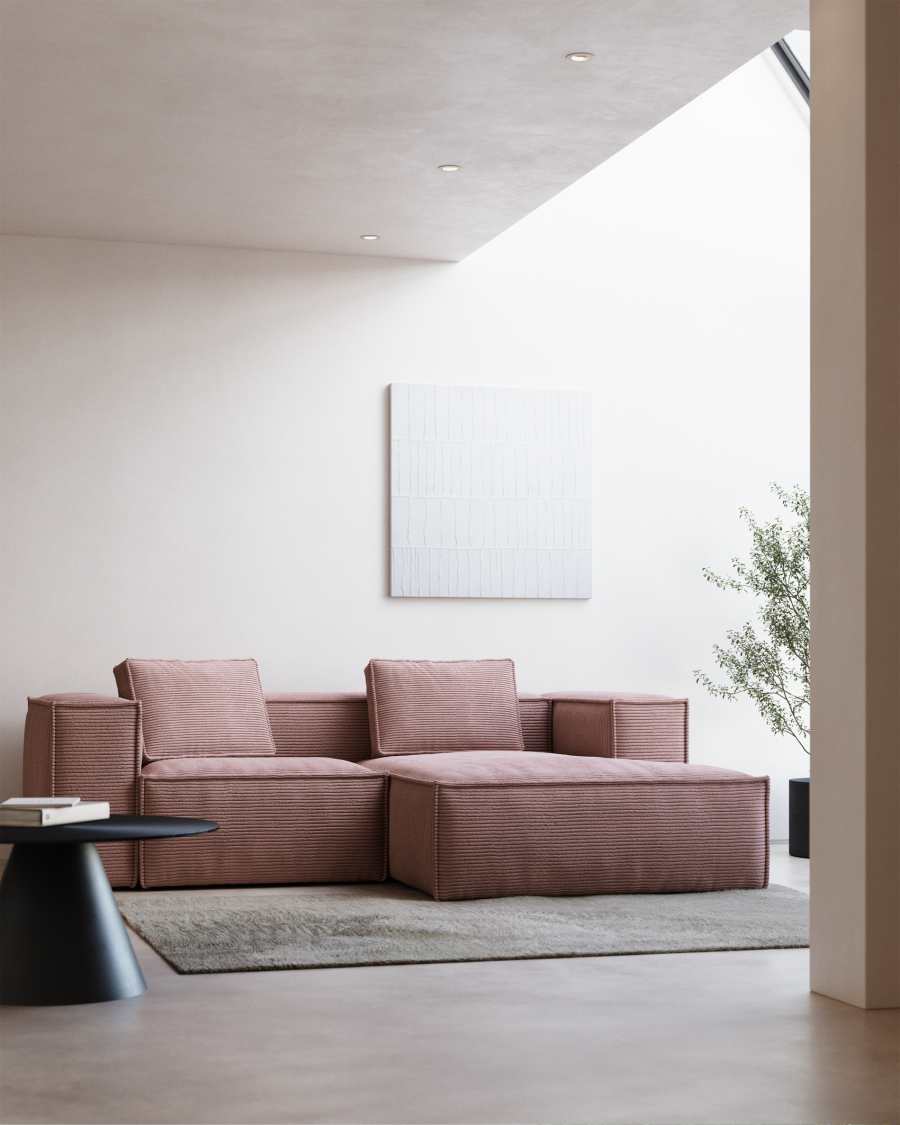 Blok fire-retardant 2-seater sofa with right chaise longue in thick pink corduroy 240cm FSC Mix Credit
