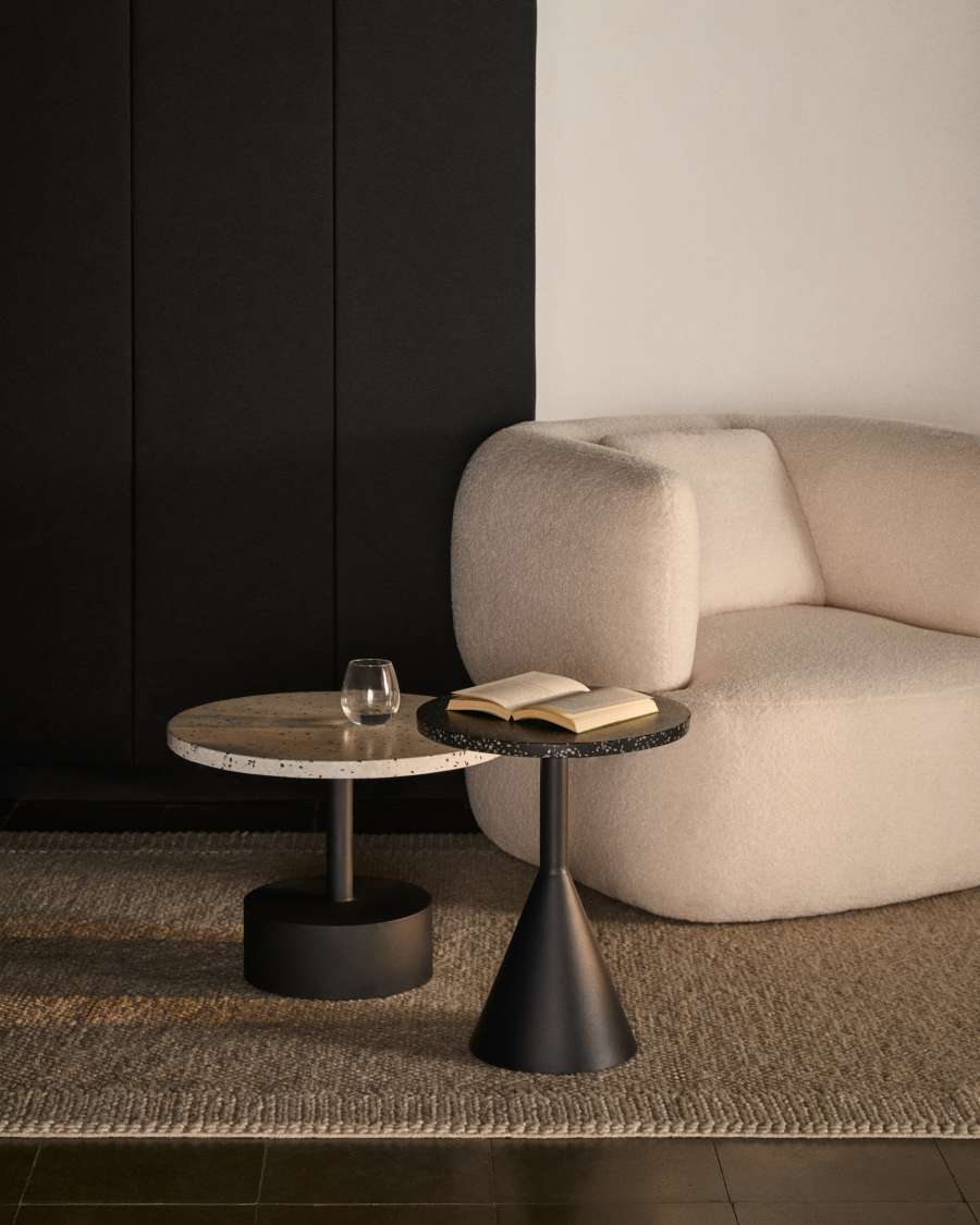 Delano black terrazzo side table with steel legs in a black finish