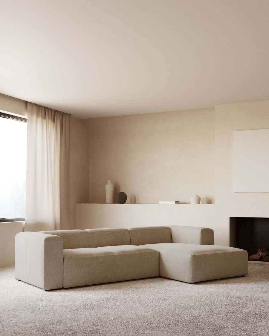 Blok fire-retardant 3-seater sofa with right chaise longue in beige chenille 300cm