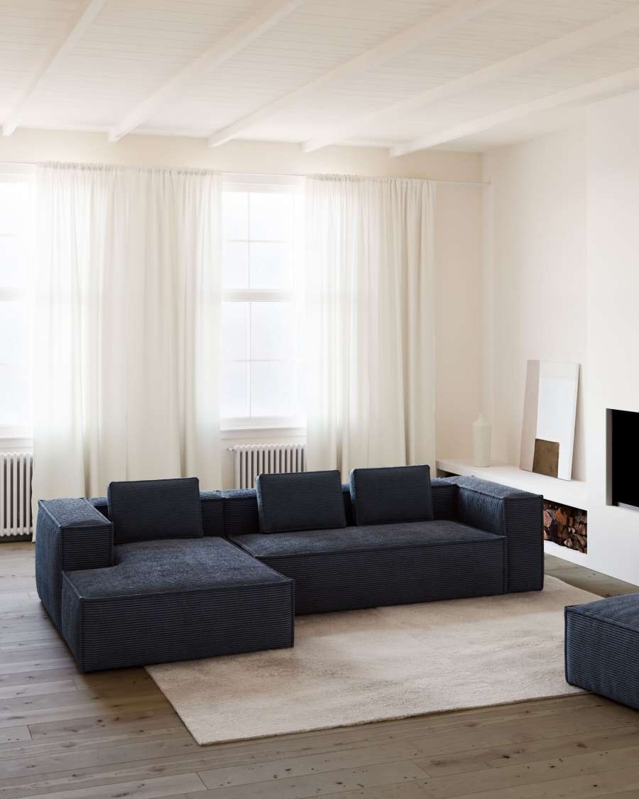 Blok fire-retardant 3-seater sofa with left chaise longue in thick blue corduroy 300cm FSC Mix Credit