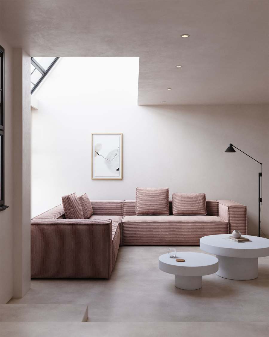 Blok 5 seater corner sofa in pink wide seam corduroy, 320 x 290 cm / 290 x 320 cm FR