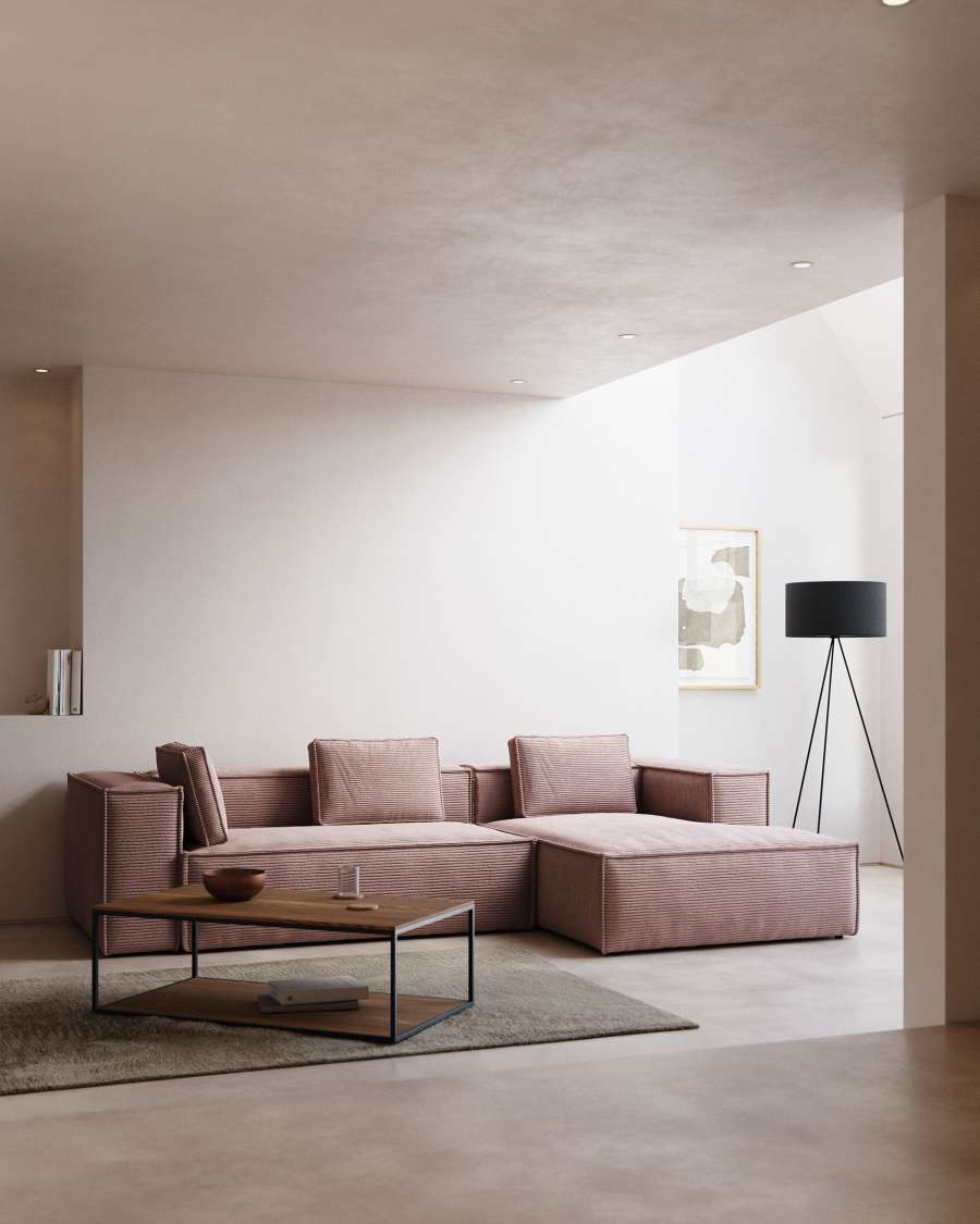 Blok fire-retardant 3-seater sofa with right chaise longue in thick pink corduroy 300cm