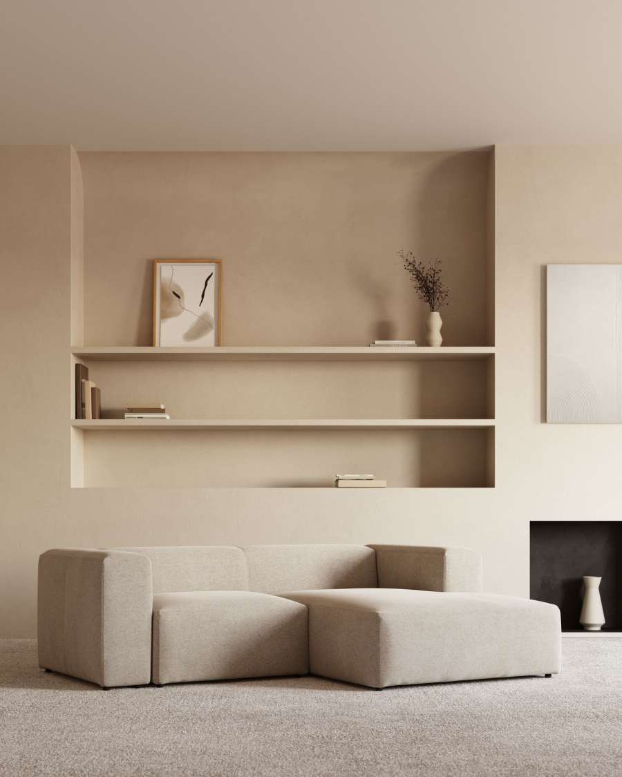 Blok fire-retardant 2-seater sofa with right chaise longue in beige chenille 240cm