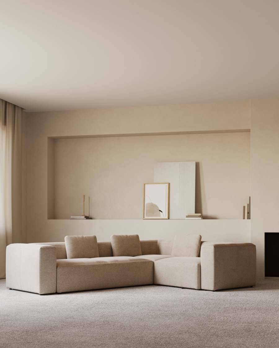 Blok fire-retardant 4-seater corner sofa in beige chenille 320 x 230cm/230 x 320cm