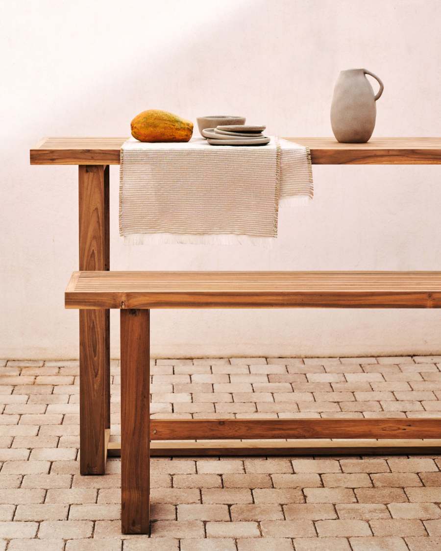 Canadell 100% outdoor tall bench in solid teak wood, 130 cm