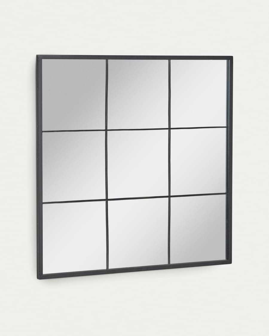 Square grid mirror with black metal frame featuring nine reflective panels — Rooms&you.