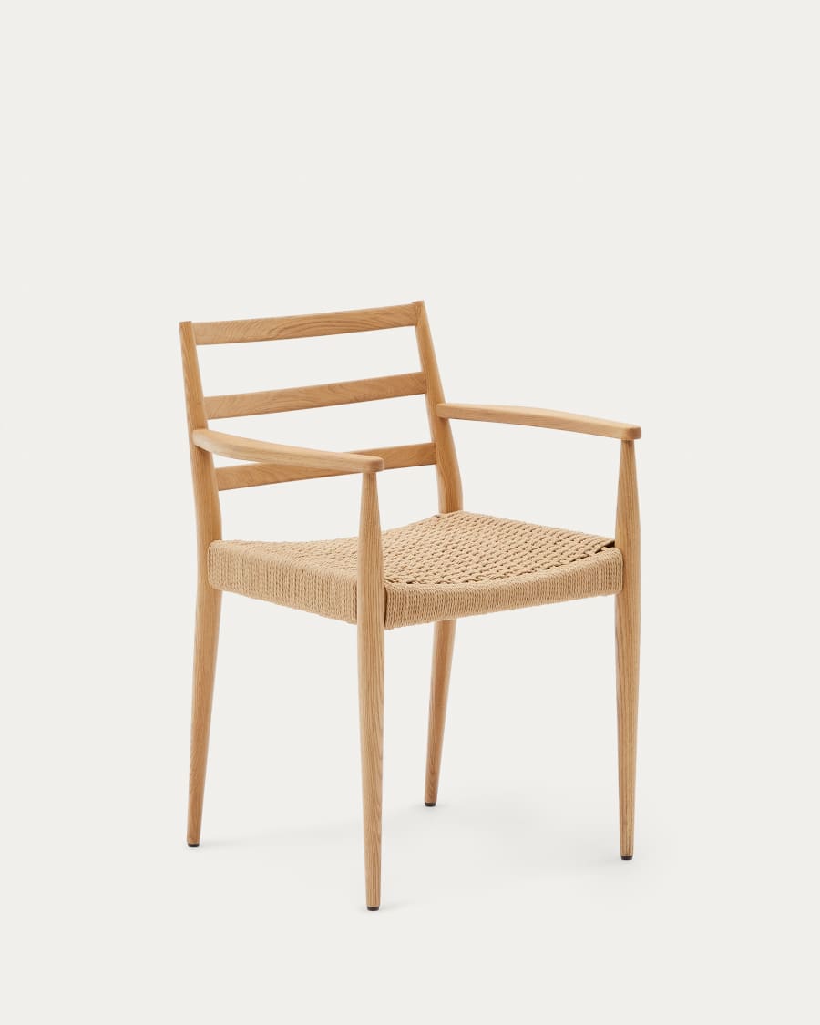 Analy chair with armrests in solid oak wood with natural finish and rope seat FSC Mix Credit