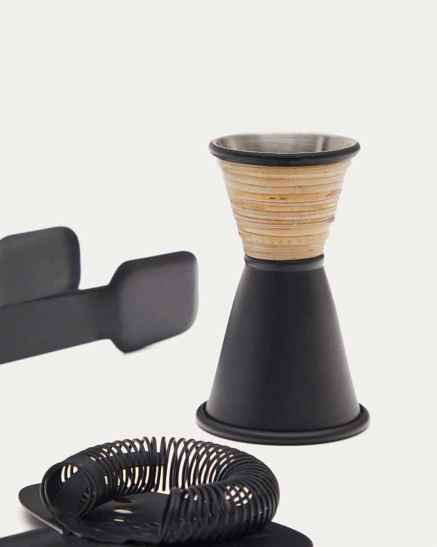 Shai set of black stainless steel and rattan cocktail utensils