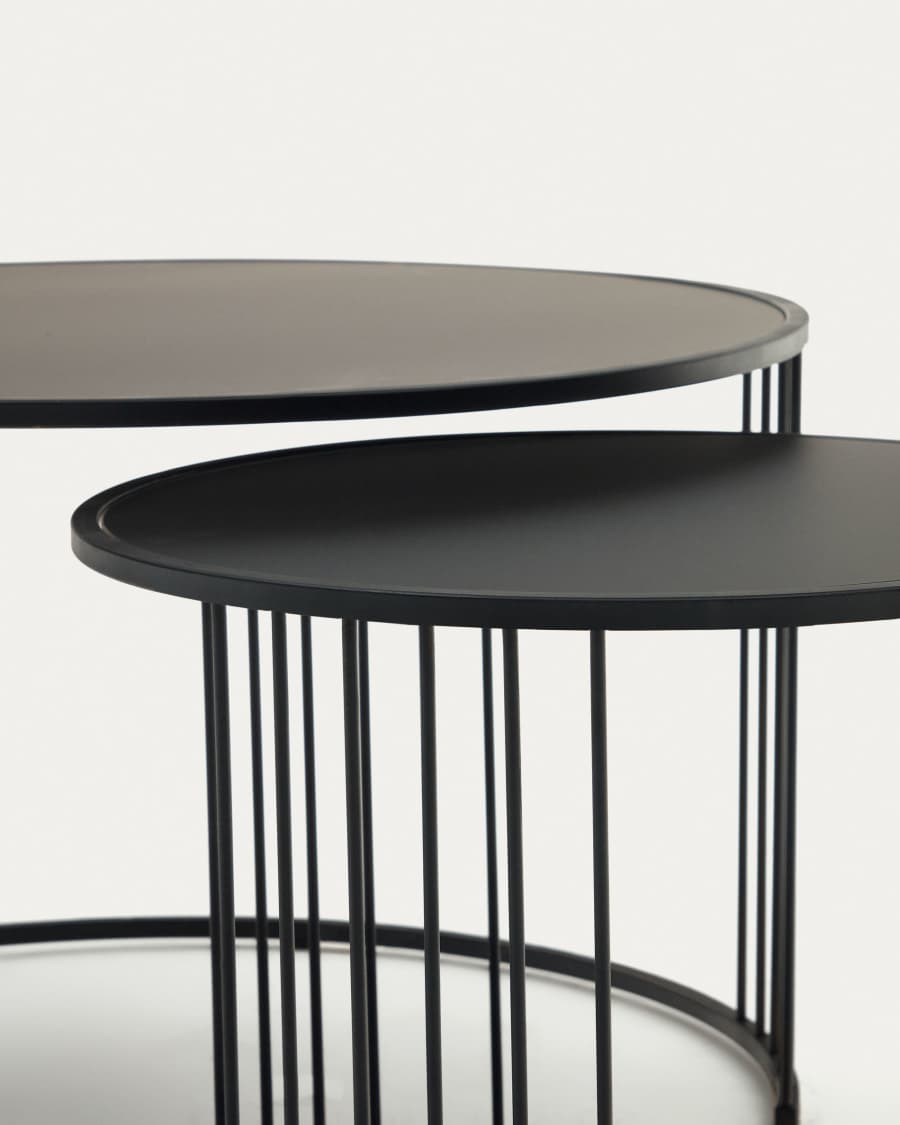 Hadar set of 2 tempered glass & metal side tables with matte black finish, Ø 75cm / Ø 45cm