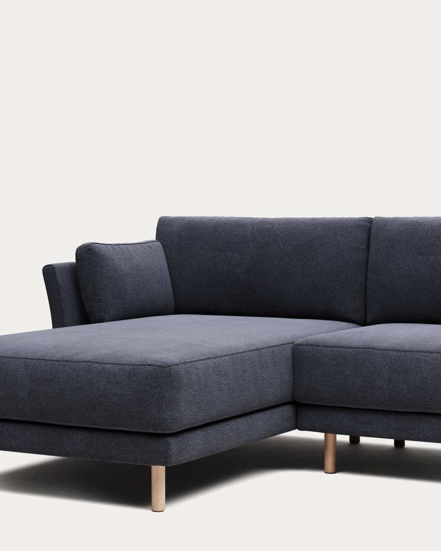 Gilma fire-retardant 3-seater sofa with right/left chaise longue in blue chenille with natural-finish legs 260cm