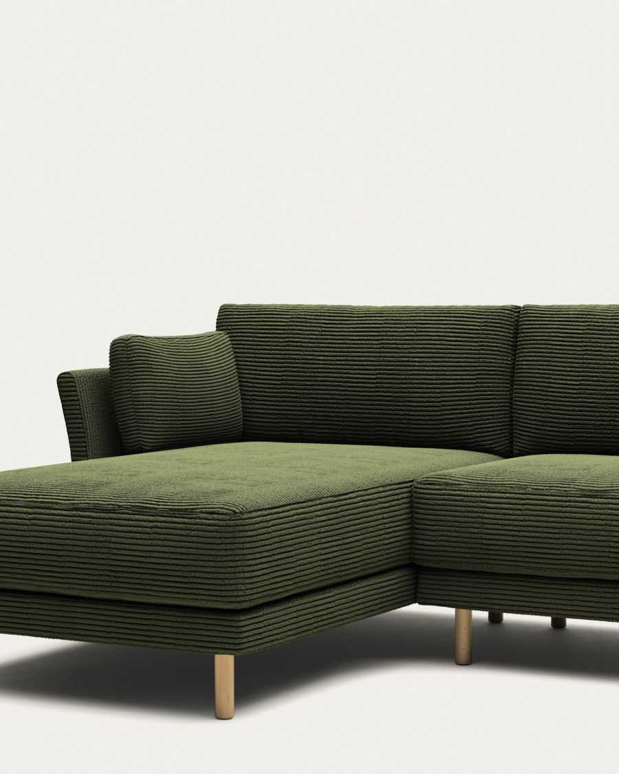Gilma fire-retardant 3-seater sofa with right/left chaise longue in thick green corduroy with natural-tone finish legs 260cm