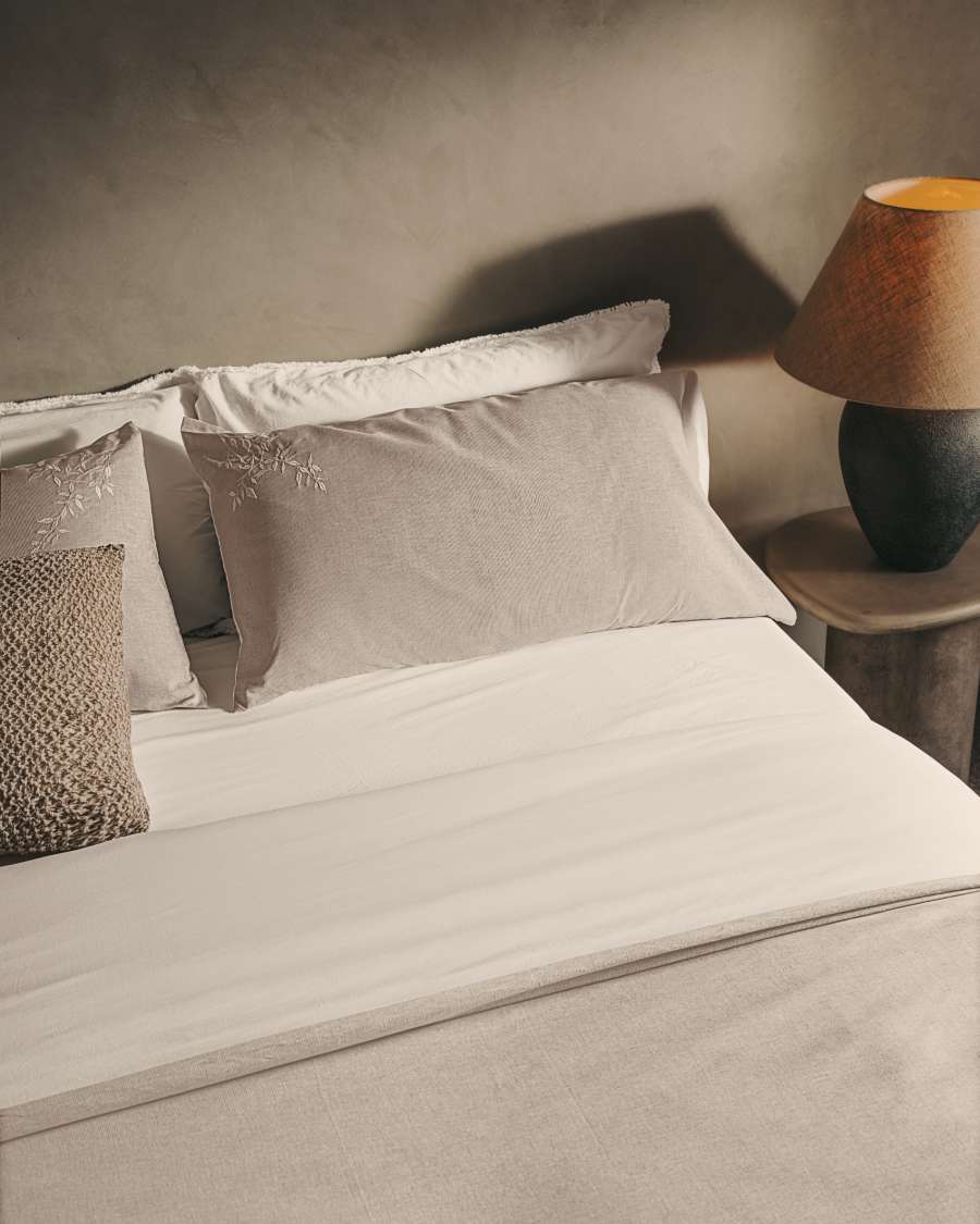 Sotela duvet cover and pillowcase set with embroidered stripes 100% percale cotton, beige, 90 cm bed