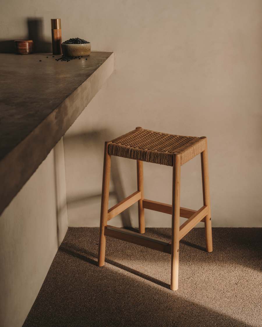 Yalia stool in solid oak wood with natural finish and rope seat, height 65 cm, FSC Mix Credit
