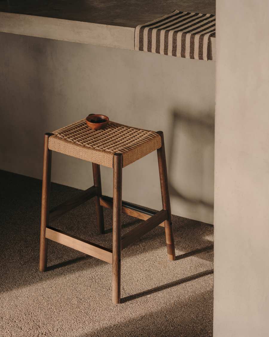Yalia stool in solid oak wood with walnut finish and rope seat, height 65 cm, FSC Mix Credit