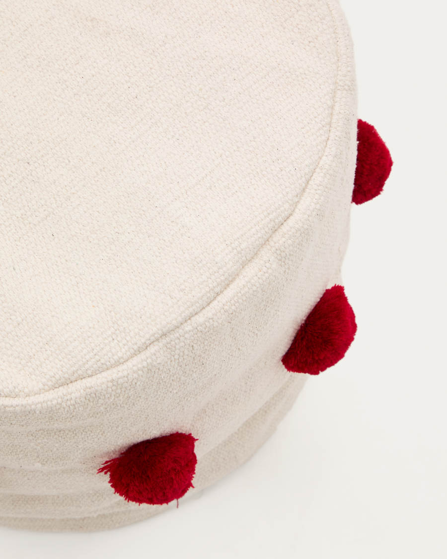 Manua beige, cotton pouffe with red tassels, Ø 40 cm