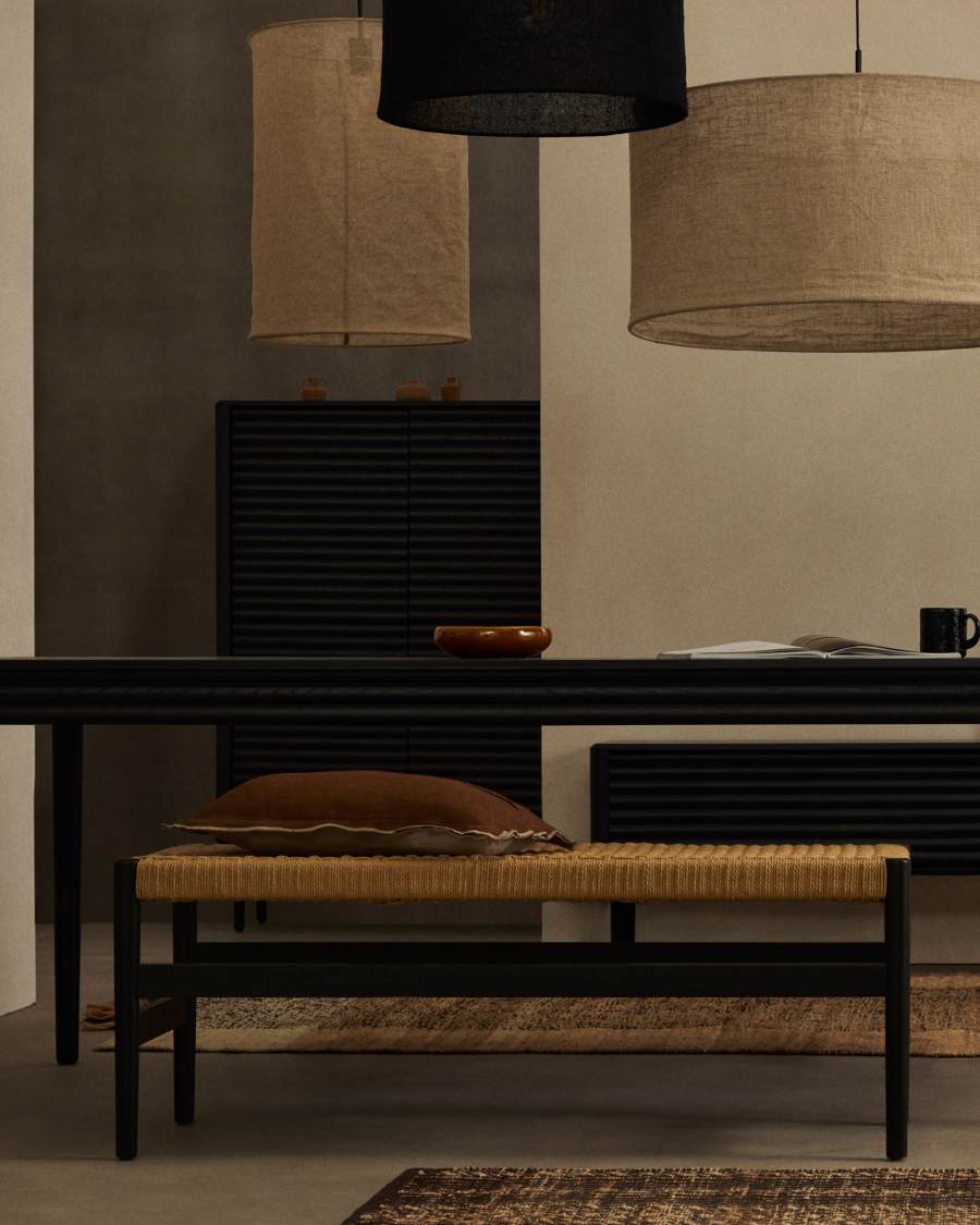 Zaide bench in solid oak wood with black finish and rope seat, 120 cm, FSC Mix Credit