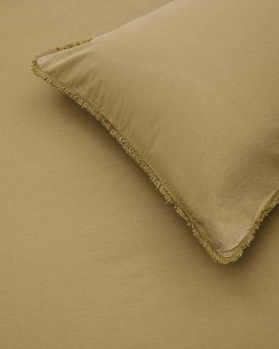 Sifinia green duvet cover and pillowcase set, 100% cotton percale fringes, 90 cm bed
