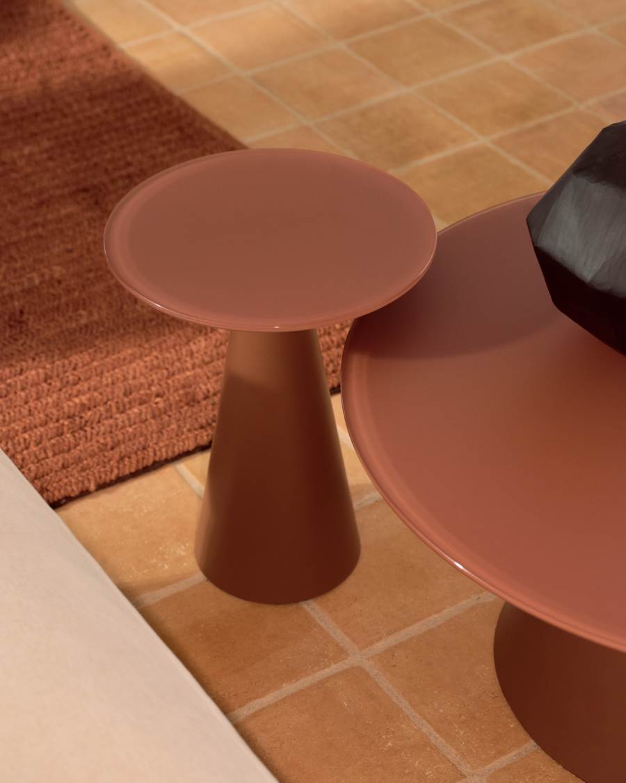 Wilshire side table with frosted tempered glass and matt terracotta painted steel finish Ø30cm