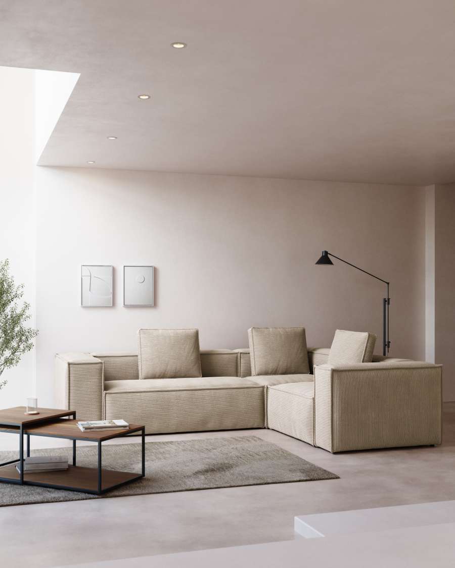 Blok fire-retardant 3-seater corner sofa in thick ecru corduroy 290x230cm/230x290cm FSC Mix Credit