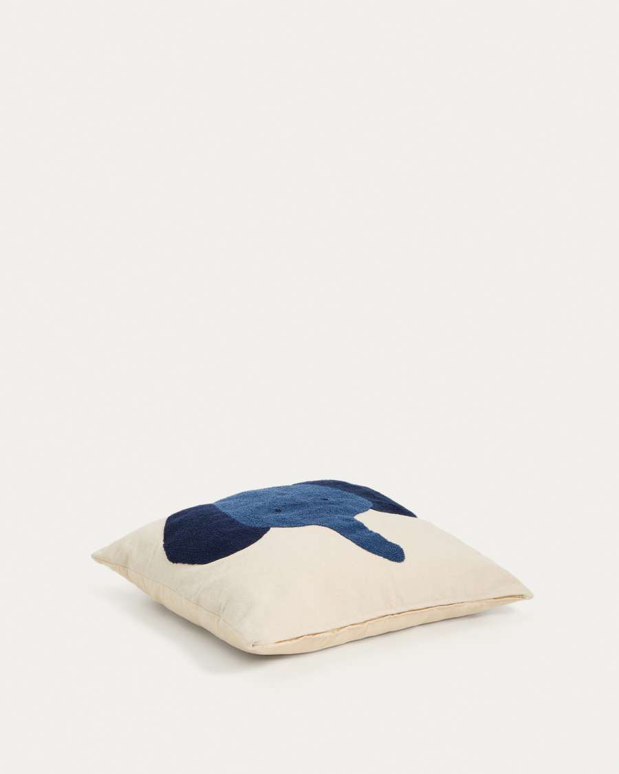 Tandani beige cotton floor cushion cover with blue elephant 70 x 70 cm