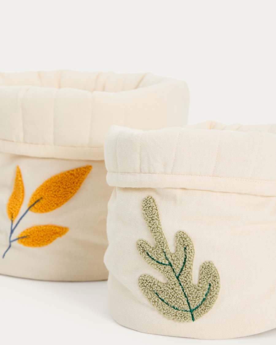 Tandani set of 2 beige cotton children's baskets with embroidered leaves
