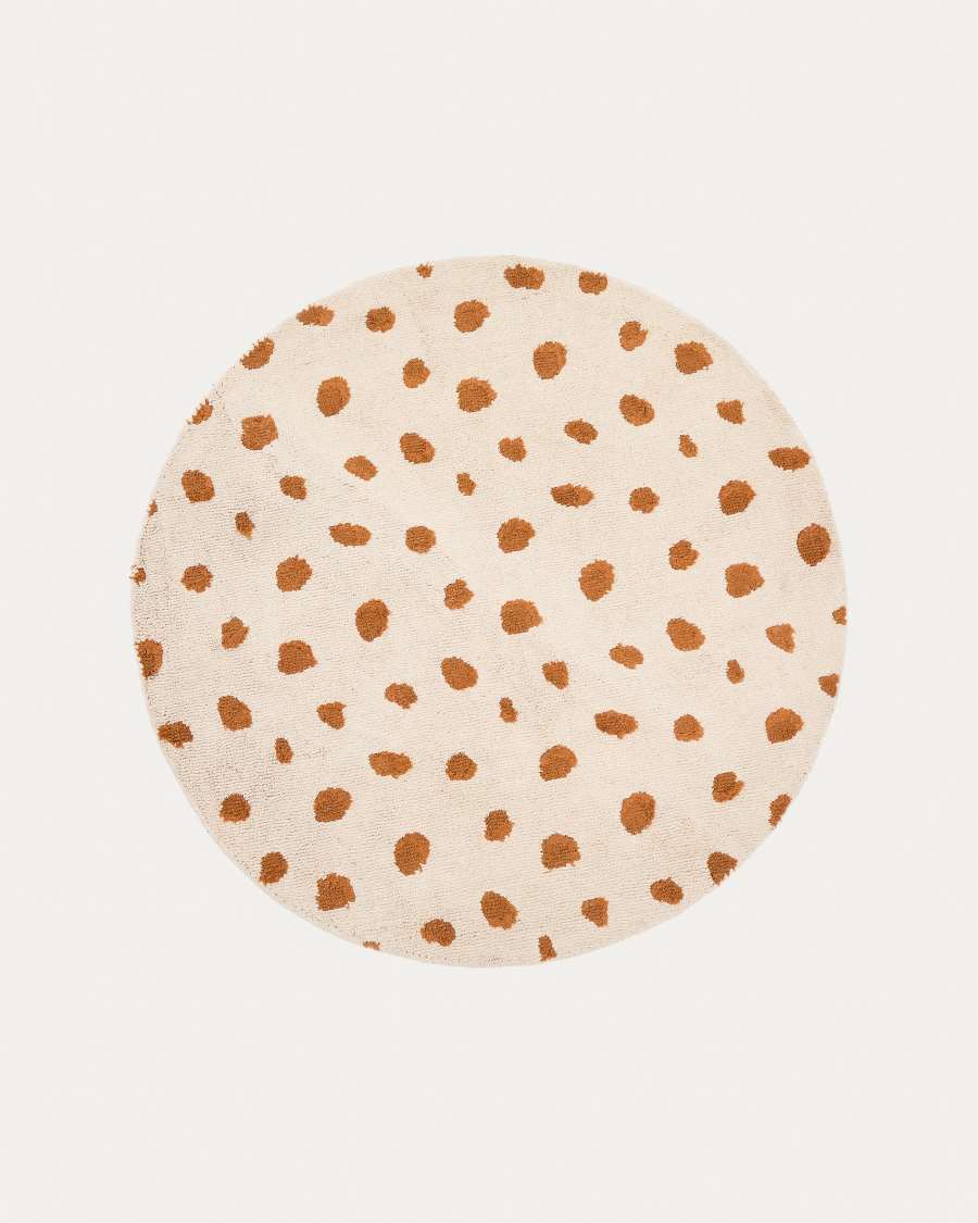 Tandani beige cotton round rug with orange cheetah design Ø 100cm