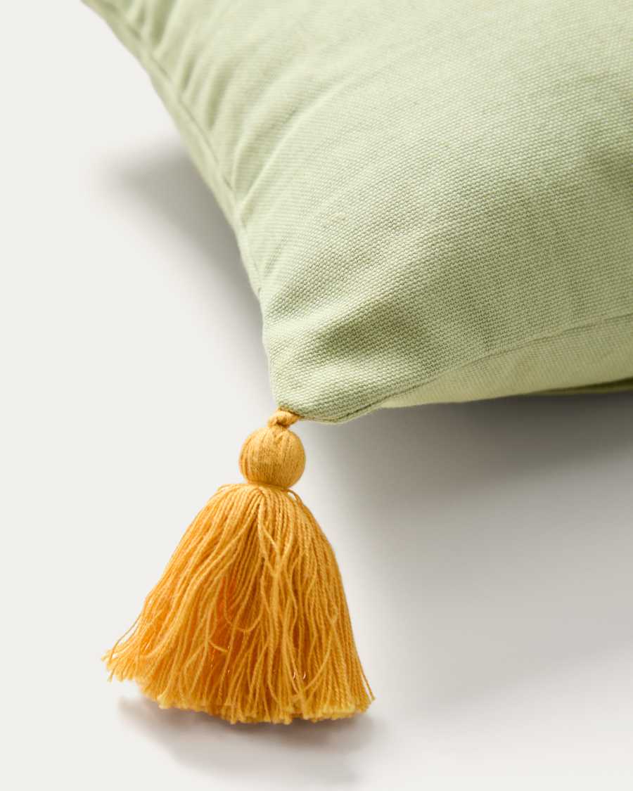 Tandani green cotton cushion cover with multicoloured embroidered lettering 30 x 50cm