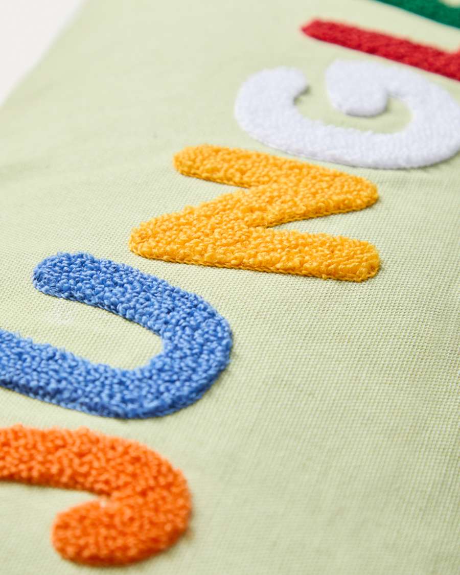 Tandani green cotton cushion cover with multicoloured embroidered lettering 30 x 50cm