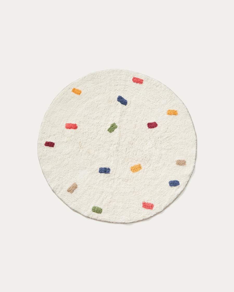 Epifania round rug 100% cotton white with multicoloured dots Ø 100 cm