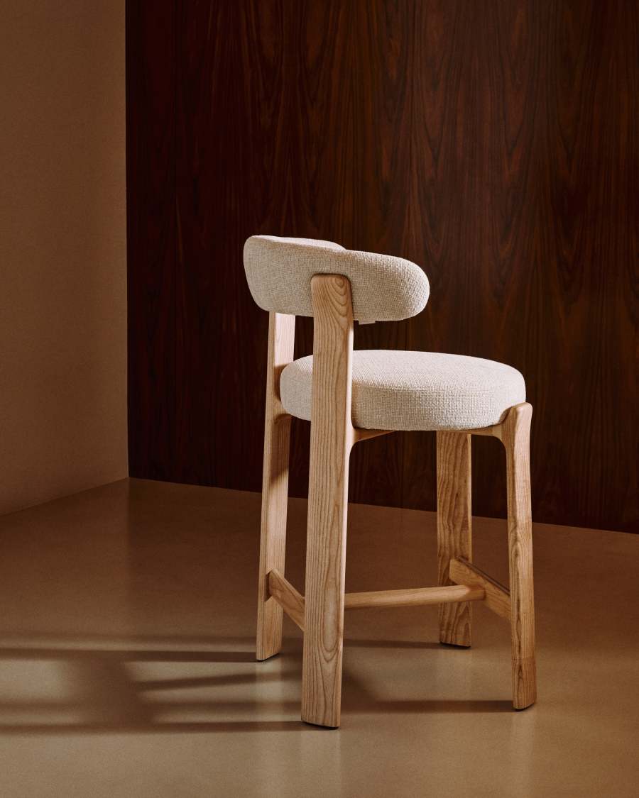 Granite fire-retardant stool with backrest in beige chenille and solid ash wood with natural-coloured finish FSC 100% 65cm