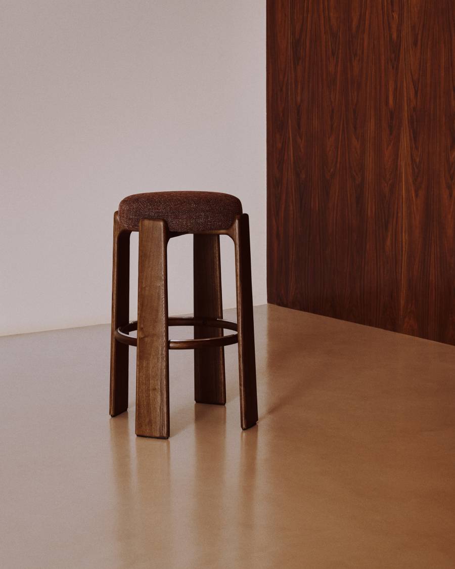 Granite fire-retardant stool in brown chenille and solid ash wood with walnut-coloured finish FSC 100% 75cm