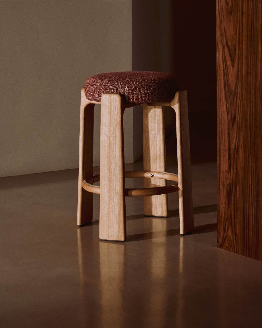 Granite fire-retardant stool in terracotta chenille and solid ash wood with natural finish FSC 100% 65 cm