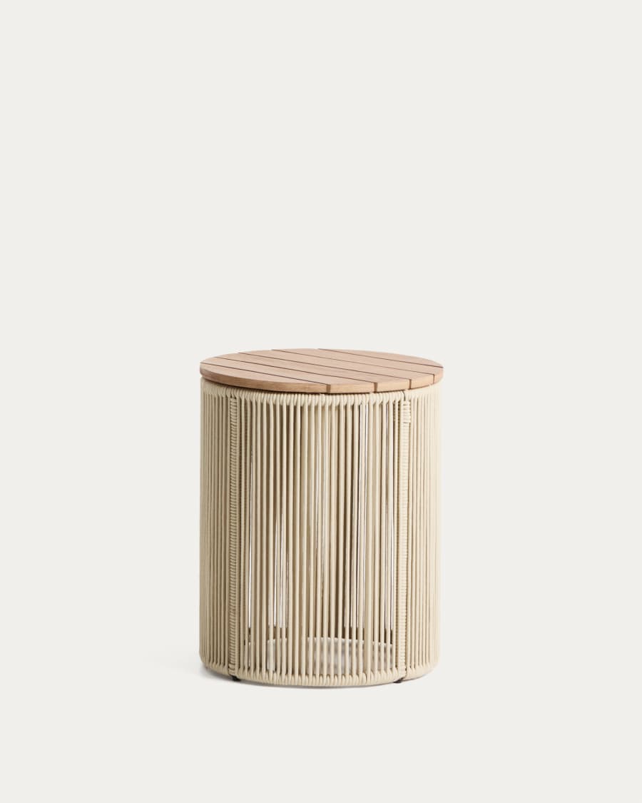 Dandara side table in steel, ecru rope cord and solid acacia wood Ø40cm FSC 100%