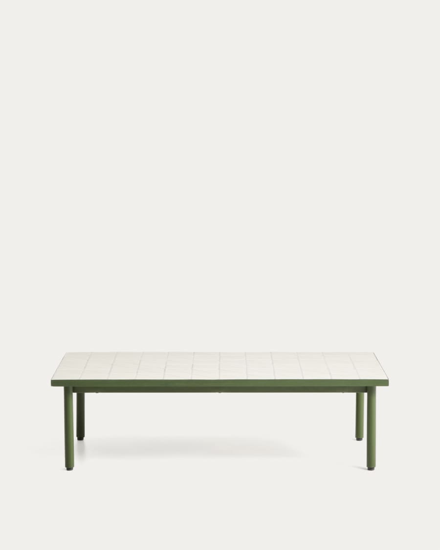 Maurina coffee table in green galvanised steel with ecru tiles 122 x 61cm