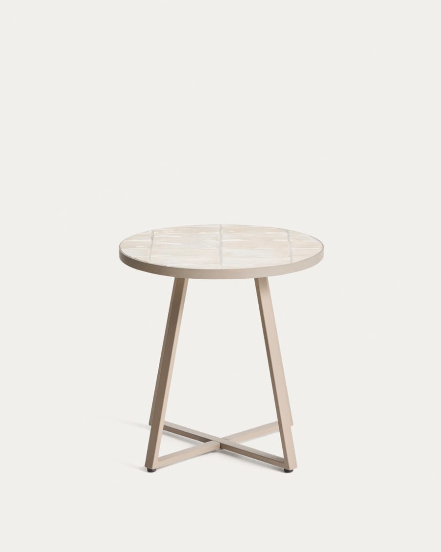 Tella round side table in galvanised steel with beige tiles Ø45 cm