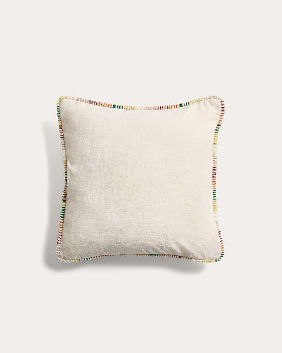 Enari ecru cotton cushion cover with multicoloured contrast piping 45 x 45 cm