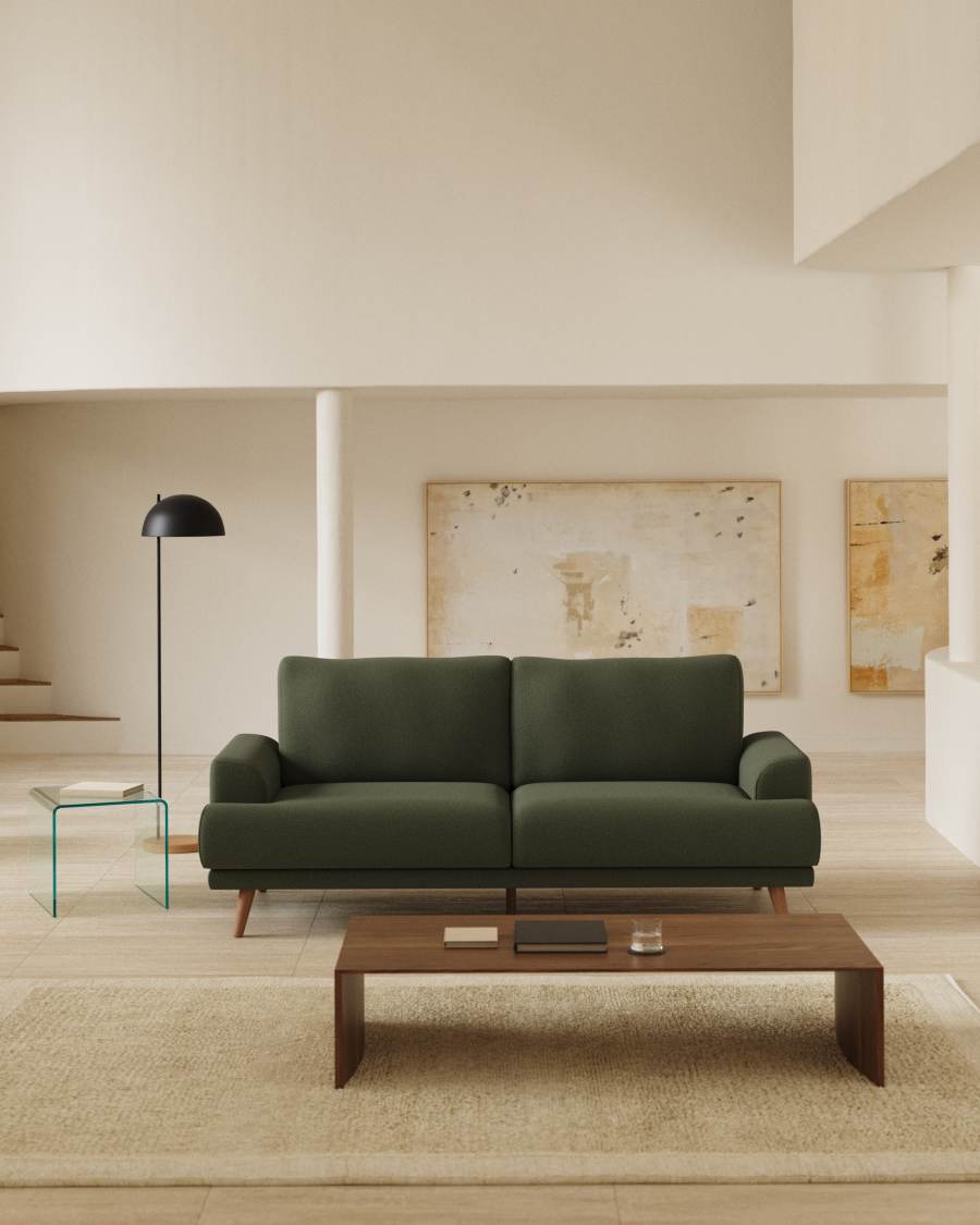 Karin 2-seater sofa in dark green chenille with solid beech wood legs in walnut-tone finish 211 cm