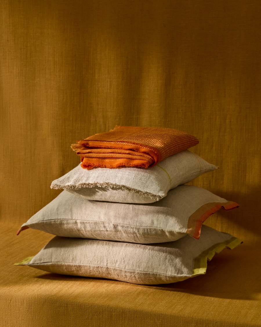 Disea cushion cover in beige linen with yellow detail 45 x 45cm