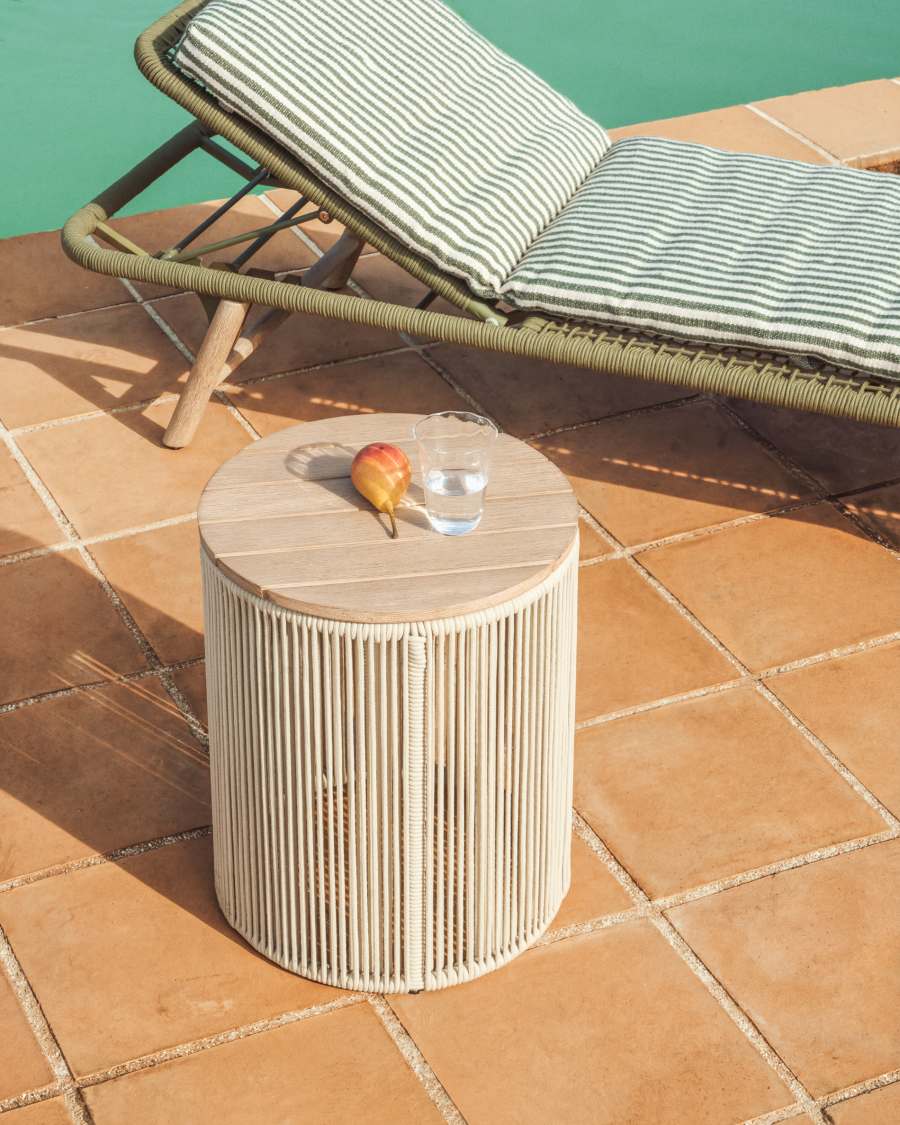 Dandara side table in steel, ecru rope cord and solid acacia wood Ø40cm FSC 100%