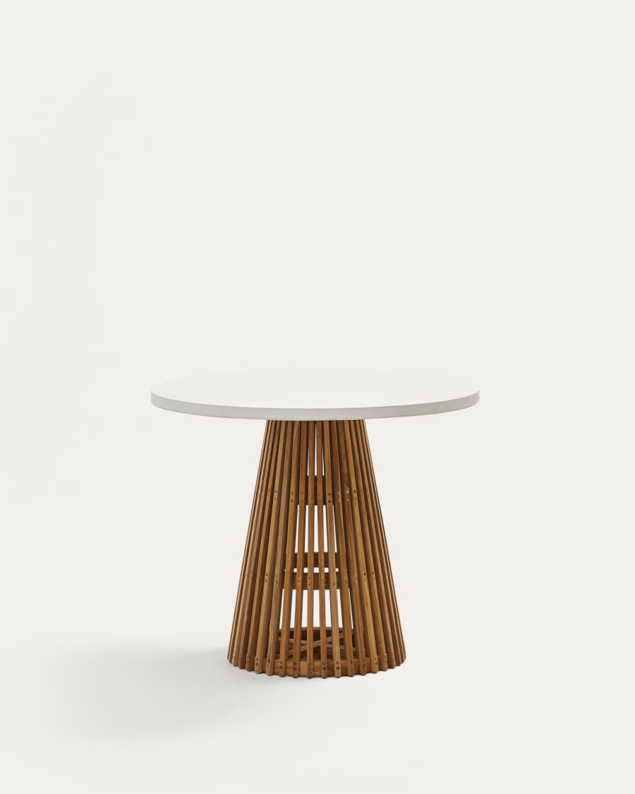 Alcaufar round outdoor table made of solid teak wood and white cement Ø 90 cm