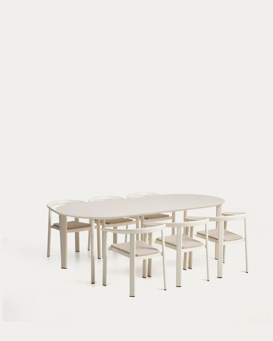 Erice set of 6 aluminium and rope cord stackable chairs and a table in ecru aluminium and tempered glass 230 x 100cm