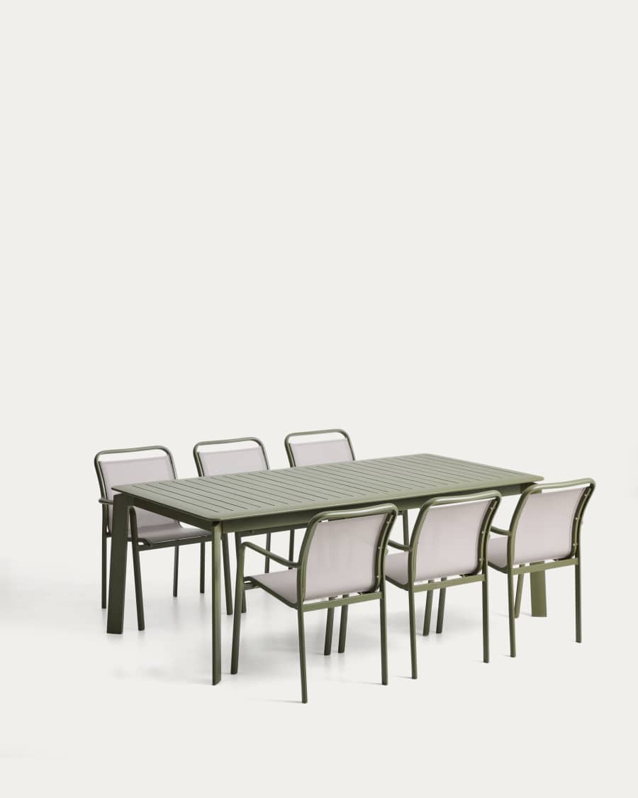 Set with Brela extendable table in green aluminium and 6 stackable Luri chairs in green aluminium and beige texteline 205(287)x100cm