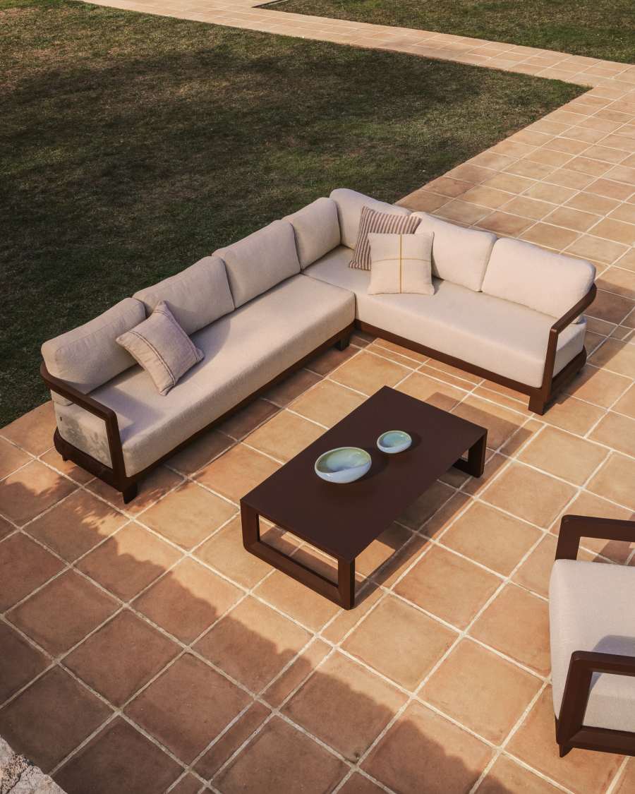 Nerano set with 5-seater corner sofa and coffee table in tempered glass and brown aluminium