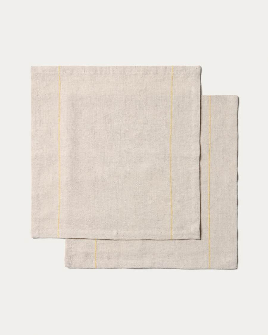 Ulaen set of 2 beige cotton and linen napkins with yellow stripes 35 x 35cm