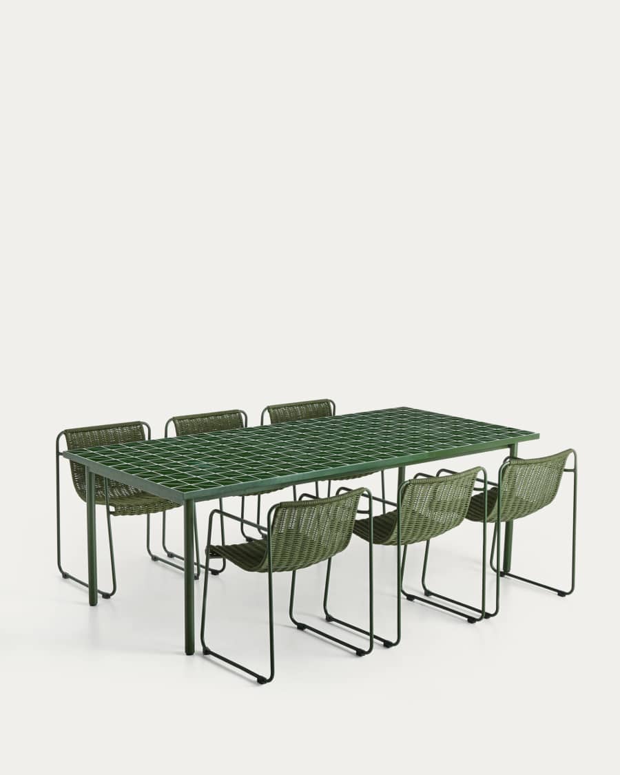 Maurina set with green galvanised steel and tiled table and 6 green galvanised steel and rope cord stackable chairs 223 x 101cm
