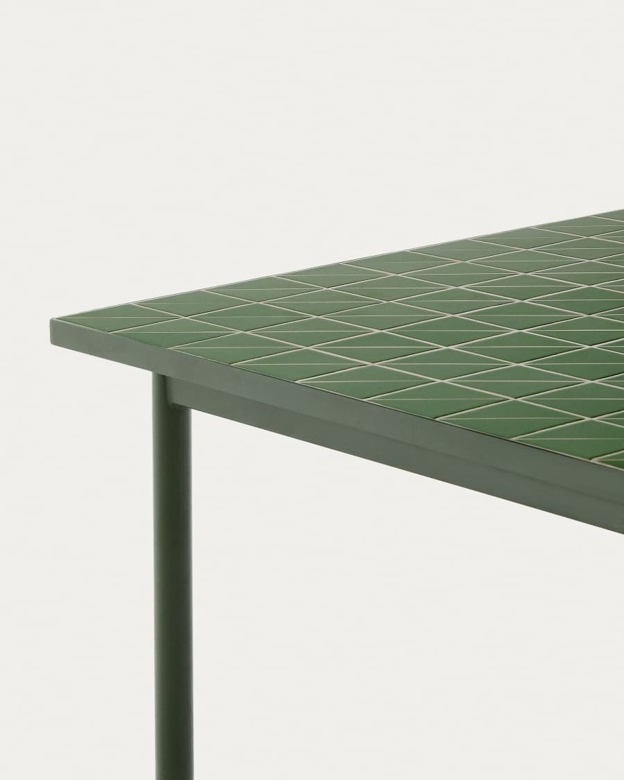 Maurina set with green galvanised steel and tiled table and 6 green galvanised steel and rope cord stackable chairs 223 x 101cm