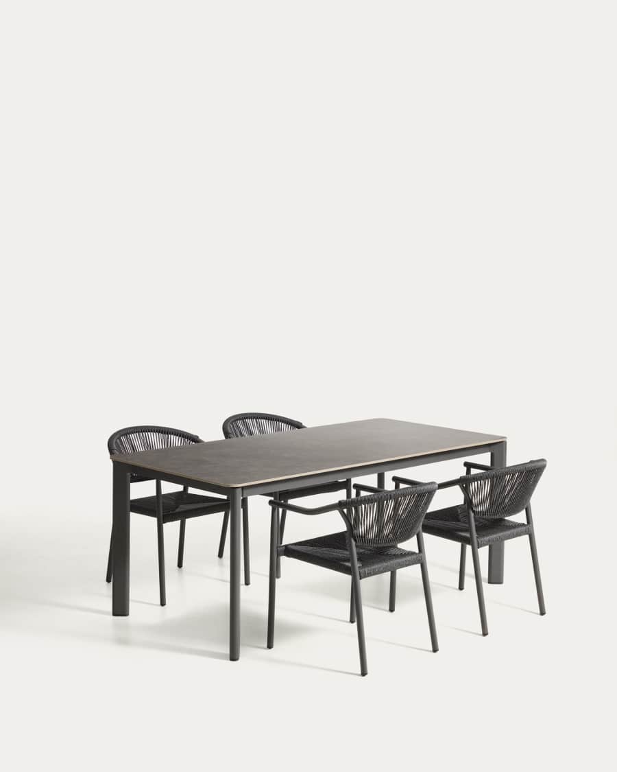 Anafi table set in sintered stone and graphite aluminium with 4 Livadia chairs in graphite aluminium 180 x 90cm