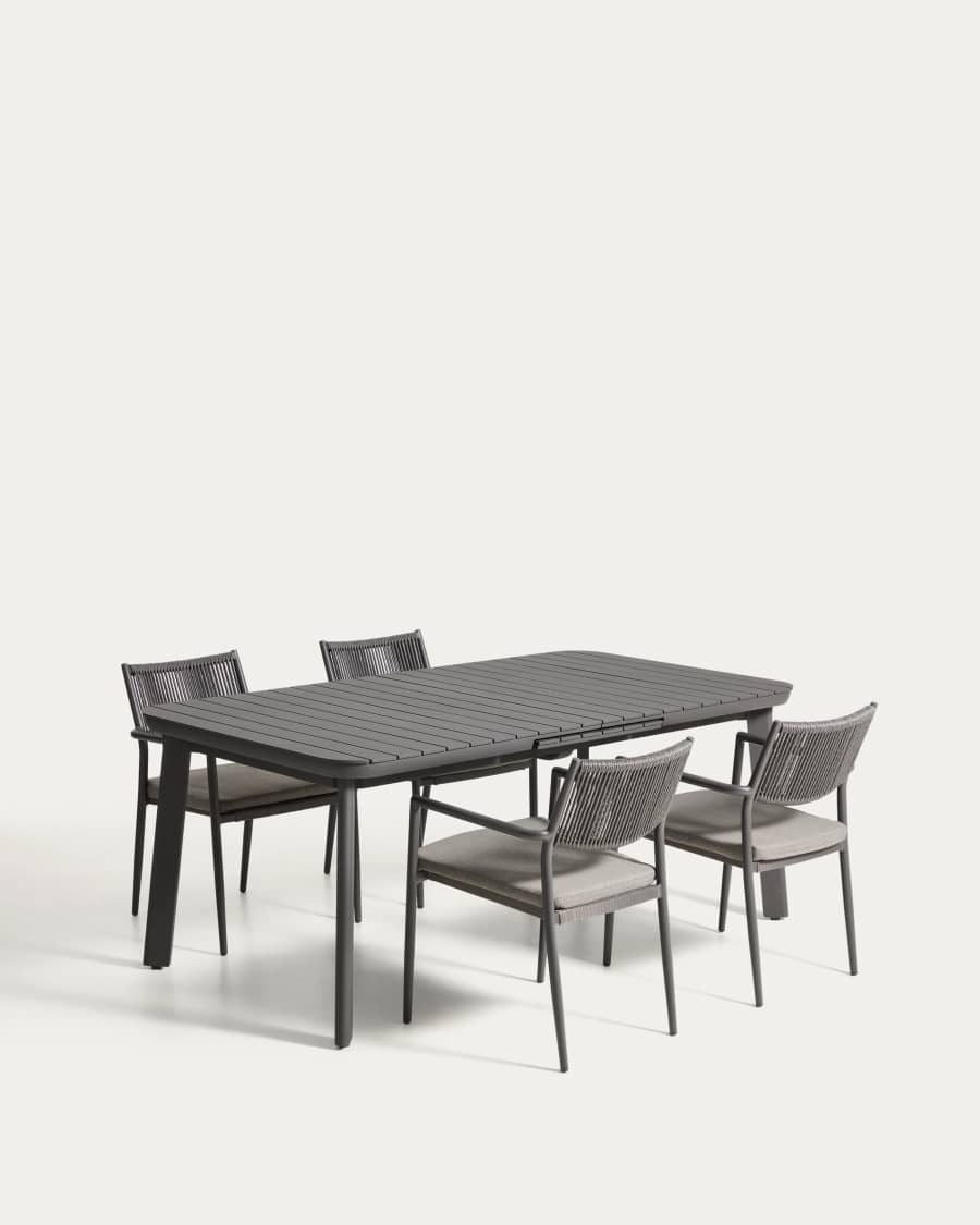 Izola extendable table set in graphite aluminium with 4 Argasi chairs in graphite aluminium and dark grey synthetic rope cord 185 (235) x 100cm