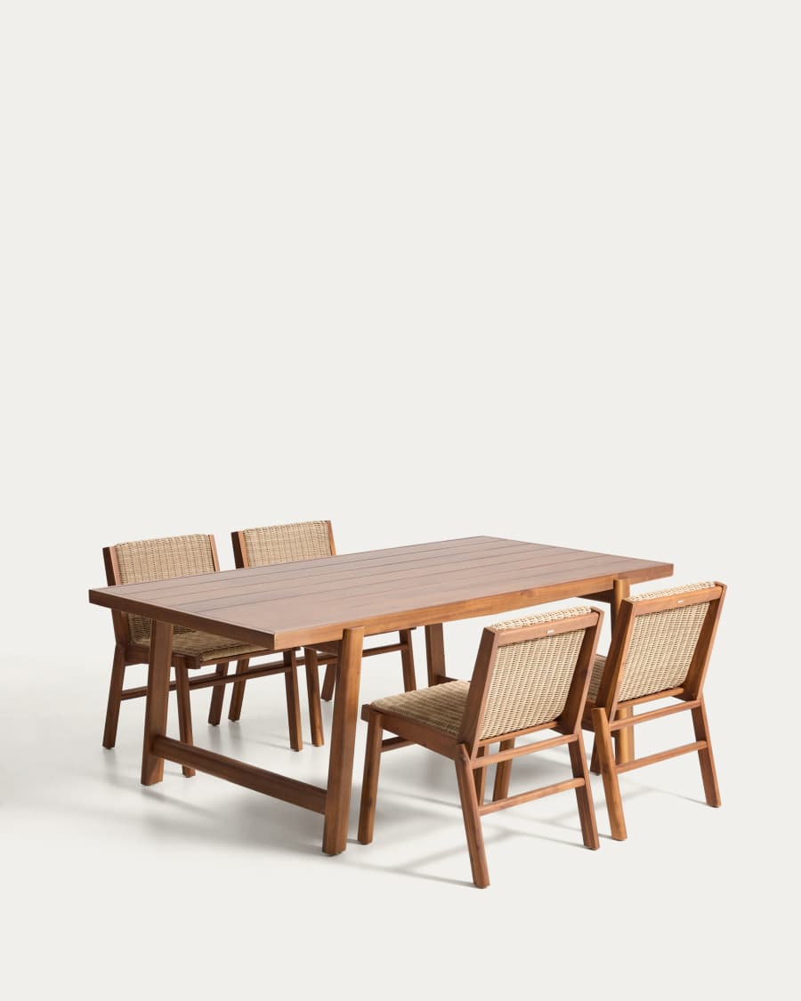 Itani table set in solid acacia wood with 4 chairs made from solid acacia wood and FSC 100% synthetic rattan, 200 x 100cm